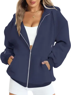 FANCYINN Womens Zip Up Hoodies Long Sleeve Oversized Sweatshirts Casual Drawstring Fall Fleece Jacket with Pockets
