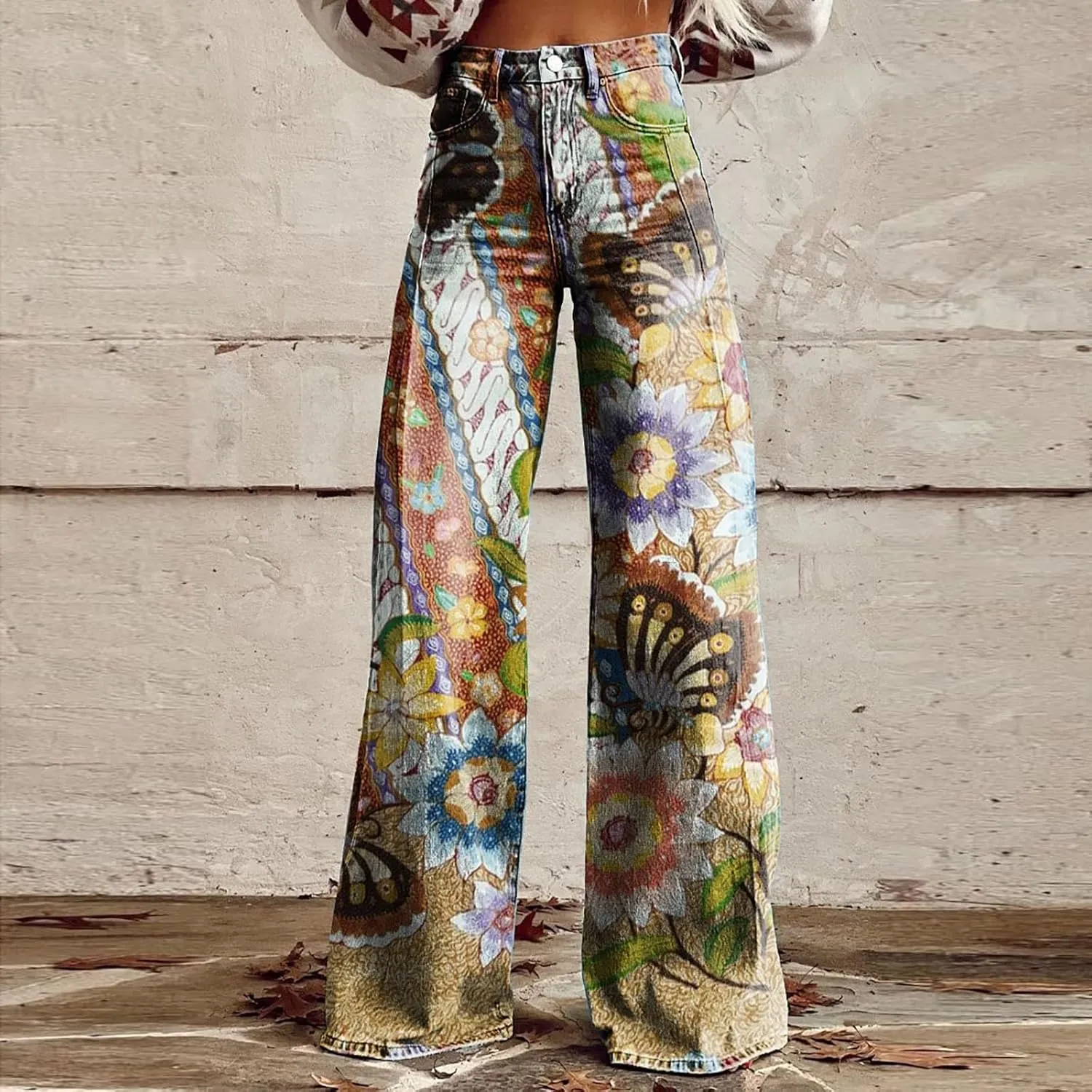 Flare Jeans for Women Wide Leg Jeans 2025 Woman Vintage Floral Print High Waisted Straight Stretch Pants with Pocket