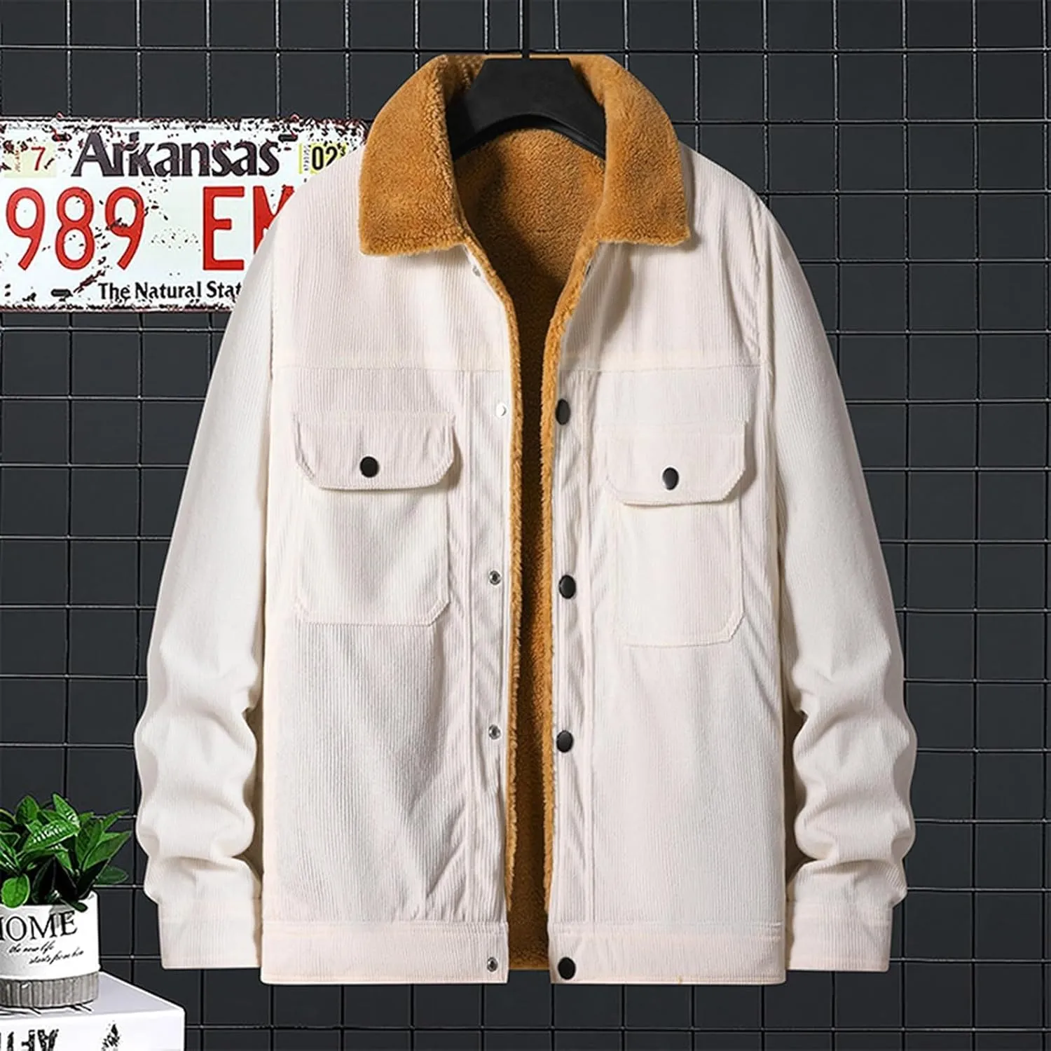 Fleece Lined Jacket Men Oversized Sherpa Jackets Winter Warm Coats Casual Lapel Overcoats Trendy Coat with Pockets