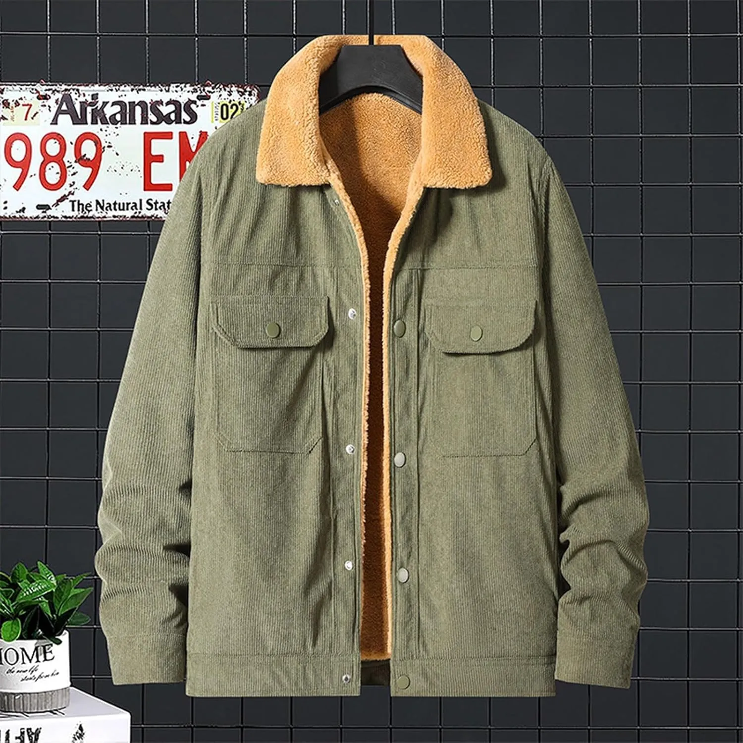 Fleece Lined Jacket Men Oversized Sherpa Jackets Winter Warm Coats Casual Lapel Overcoats Trendy Coat with Pockets