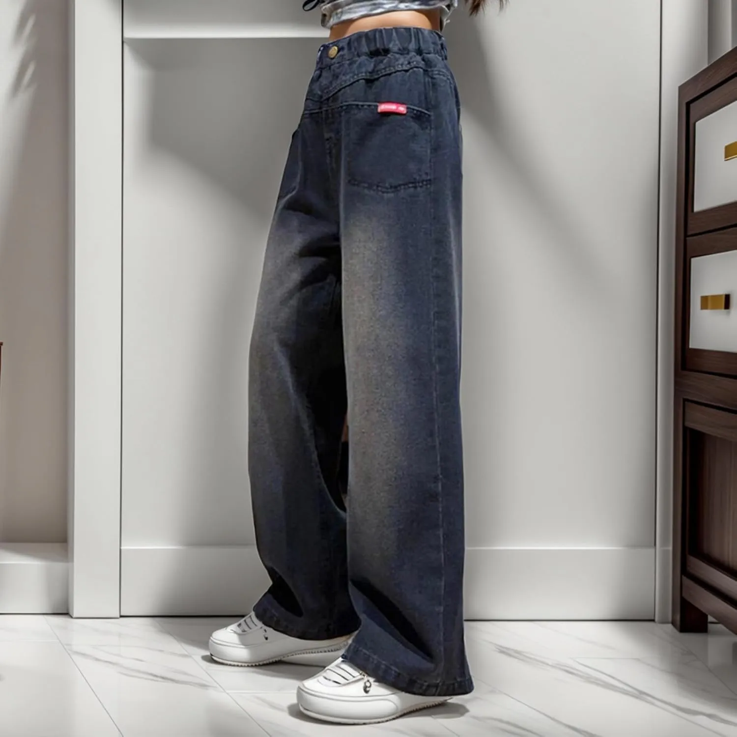 Girls Baggy Jeans 2024 Denim Wide Leg Jeans High Rise Jeans Wide Leg Fall Modern Exercise Relaxed Fit Casual Training