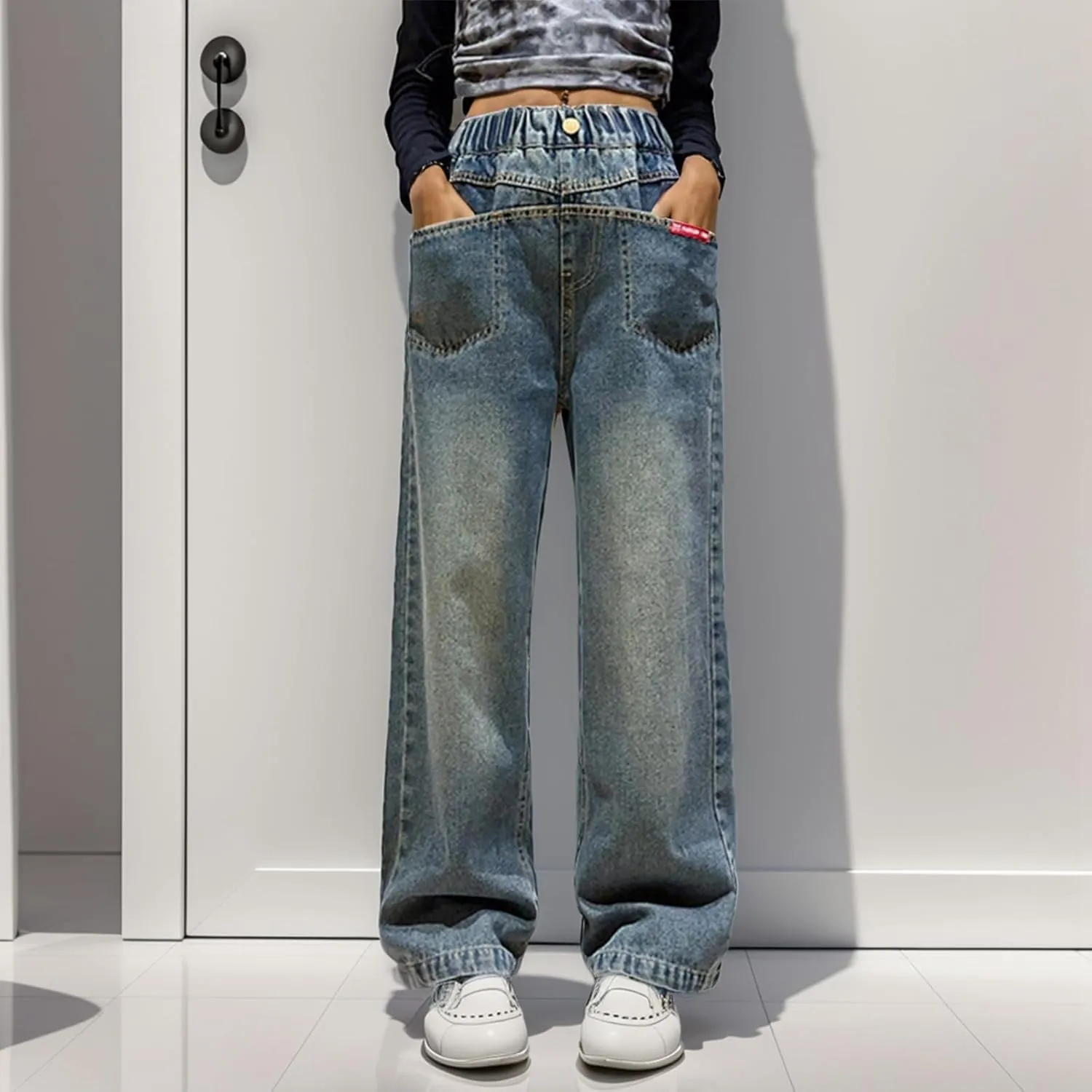 Girls Baggy Jeans 2024 Denim Wide Leg Jeans High Rise Jeans Wide Leg Fall Modern Exercise Relaxed Fit Casual Training