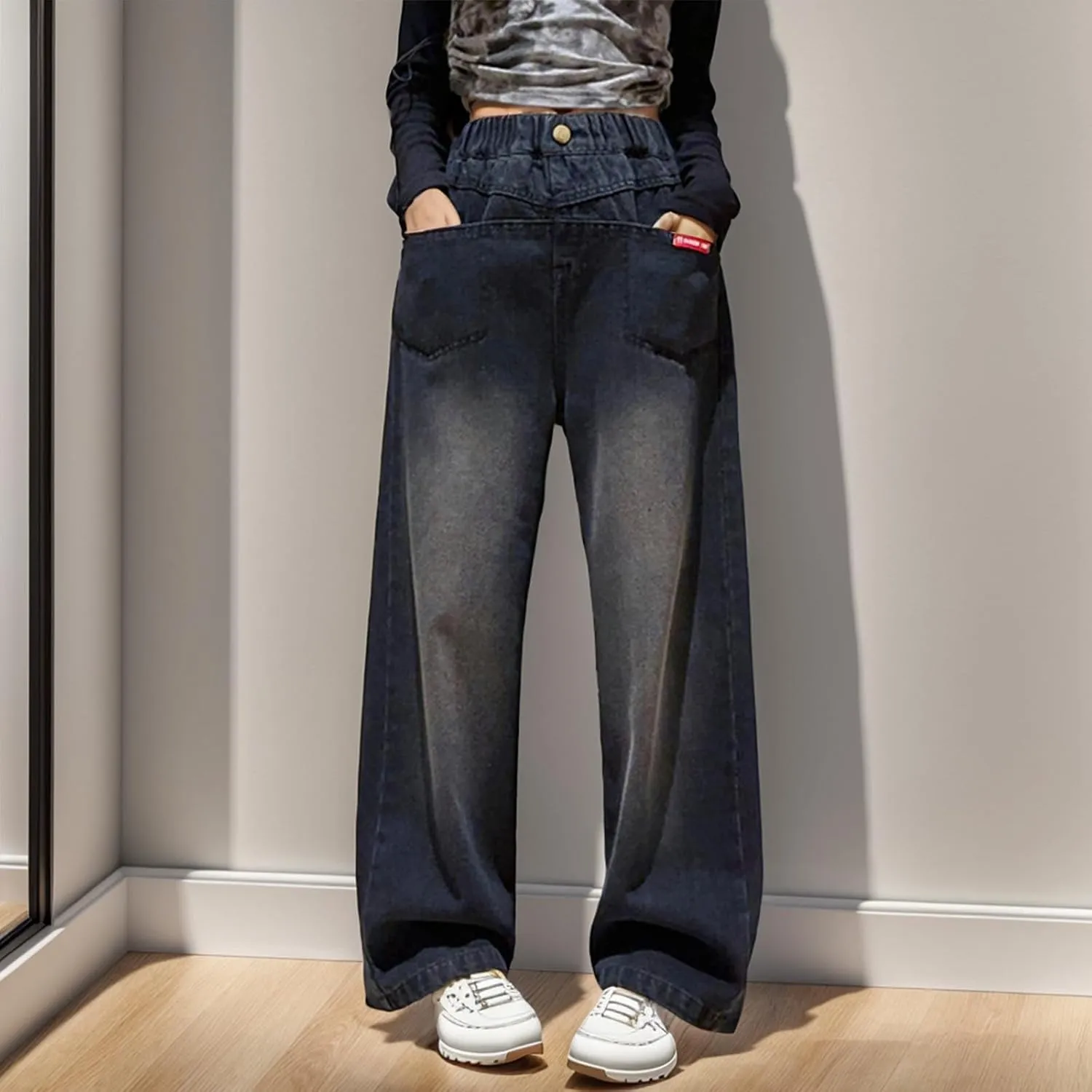 Girls Baggy Jeans 2024 Denim Wide Leg Jeans High Rise Jeans Wide Leg Fall Modern Exercise Relaxed Fit Casual Training