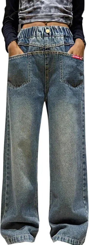Girls Baggy Jeans 2024 Denim Wide Leg Jeans High Rise Jeans Wide Leg Fall Modern Exercise Relaxed Fit Casual Training