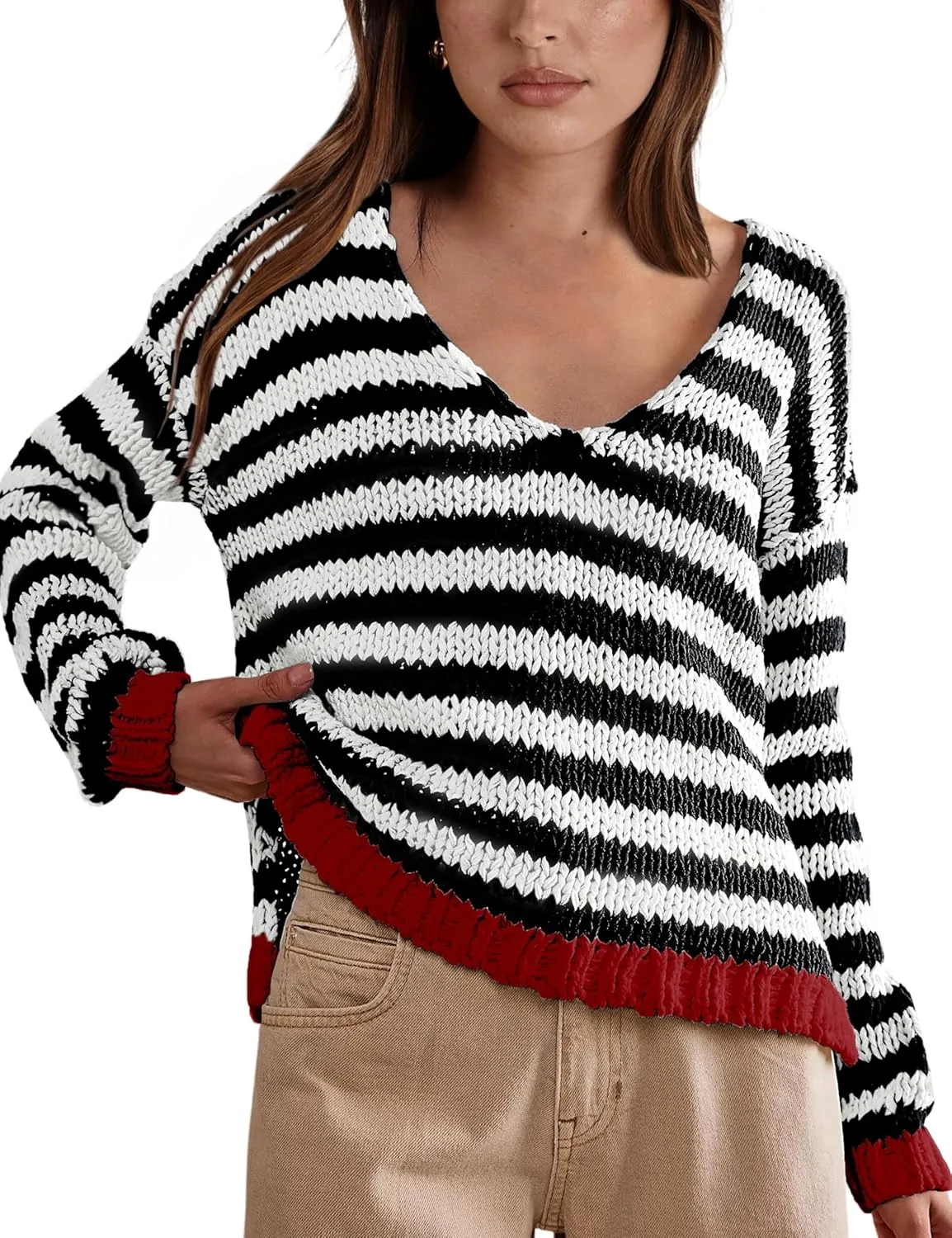 hathne Women's Oversized Striped Sweaters Pullover Fall Knitwear V Neck Color Block Sweaters Tops