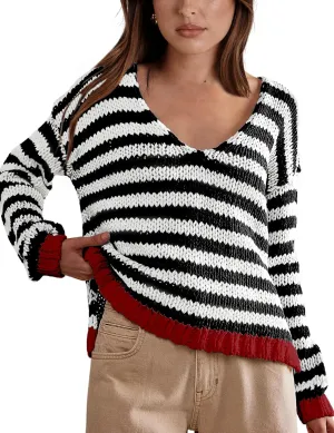hathne Women's Oversized Striped Sweaters Pullover Fall Knitwear V Neck Color Block Sweaters Tops