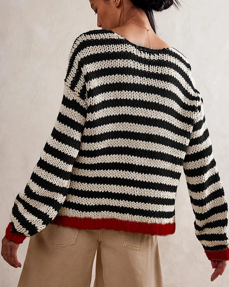 hathne Women's Oversized Striped Sweaters Pullover Fall Knitwear V Neck Color Block Sweaters Tops