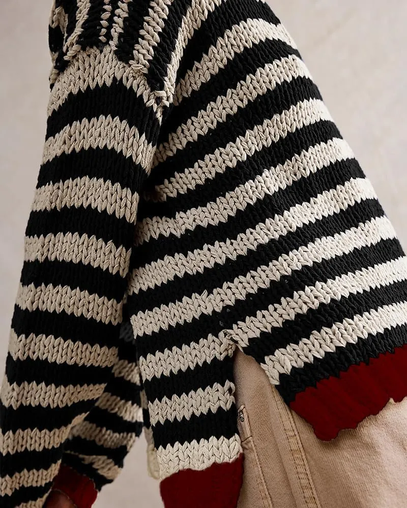 hathne Women's Oversized Striped Sweaters Pullover Fall Knitwear V Neck Color Block Sweaters Tops