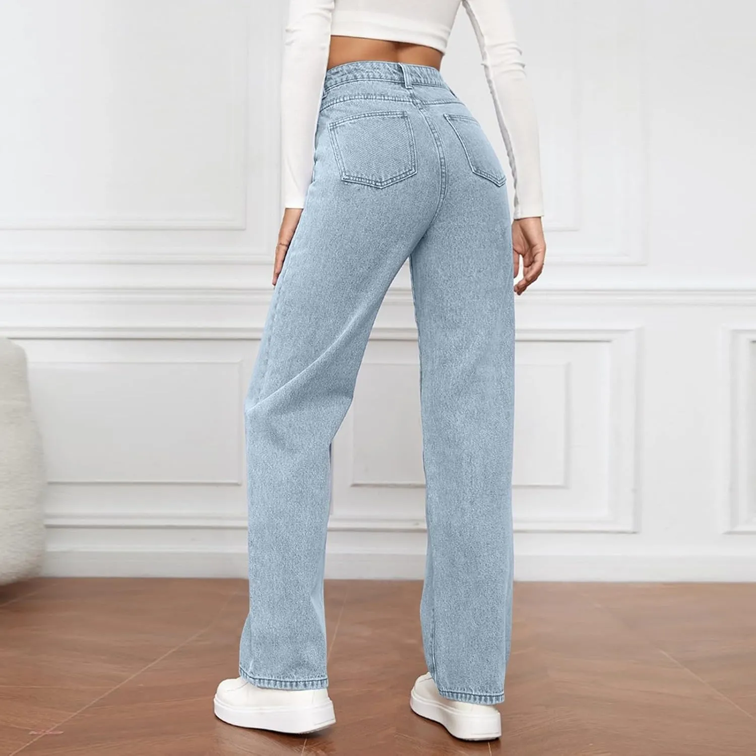 High Rise Jeans for Women Wide Leg Stretchy Pants Straight Leg Loose Denim Tummy Control Trousers with Pockets