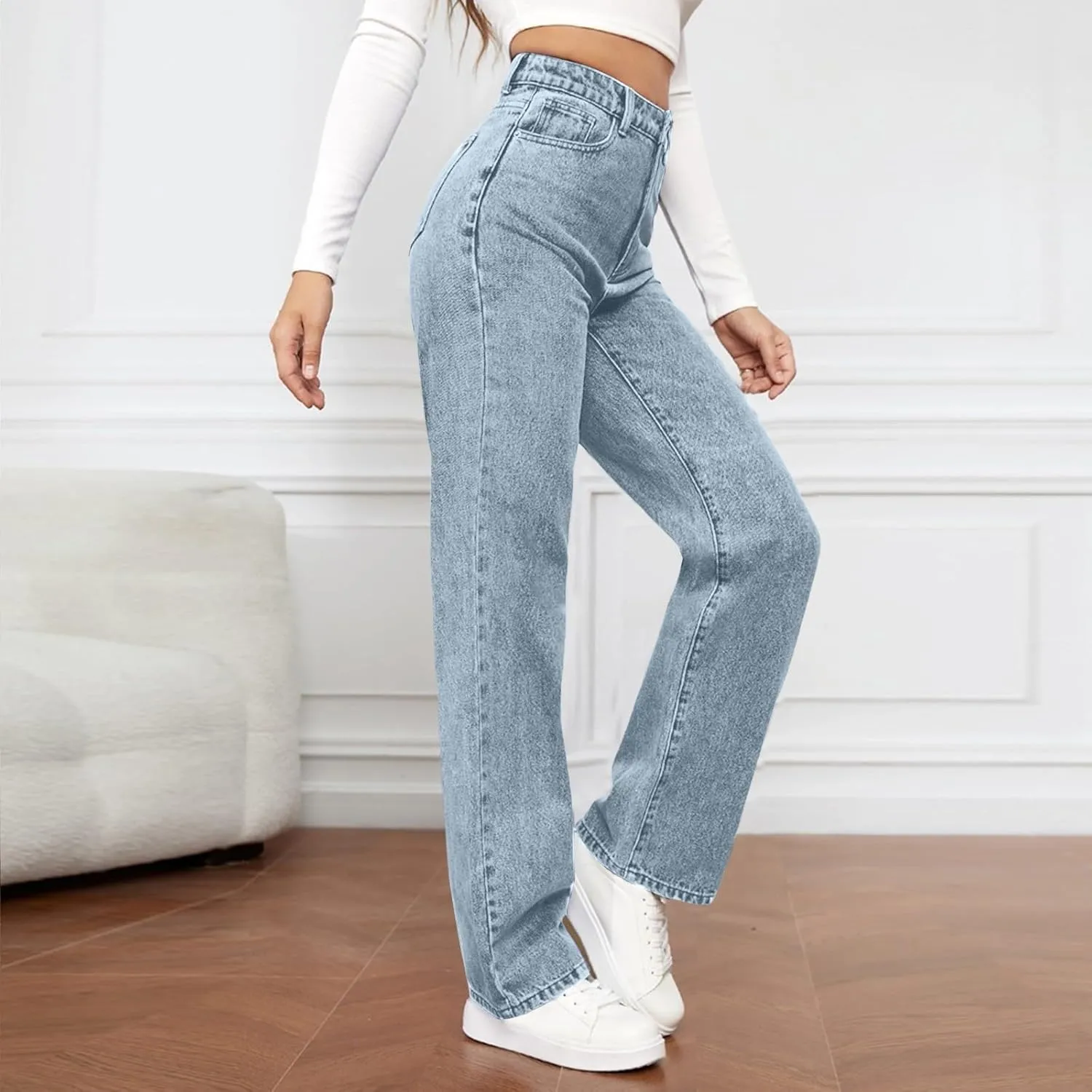 High Rise Jeans for Women Wide Leg Stretchy Pants Straight Leg Loose Denim Tummy Control Trousers with Pockets