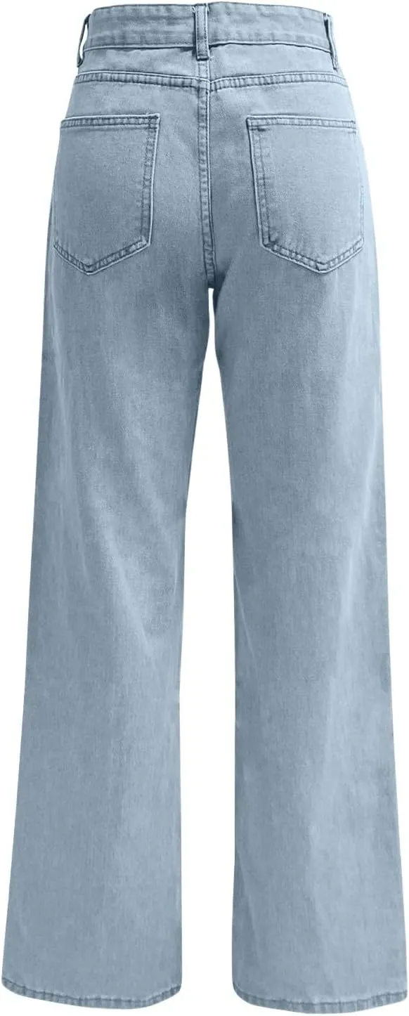 High Rise Jeans for Women Wide Leg Stretchy Pants Straight Leg Loose Denim Tummy Control Trousers with Pockets