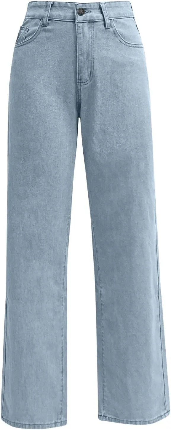 High Rise Jeans for Women Wide Leg Stretchy Pants Straight Leg Loose Denim Tummy Control Trousers with Pockets