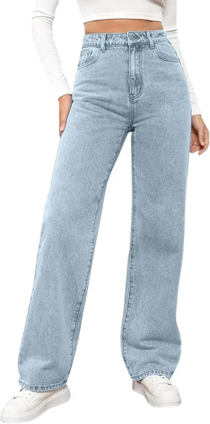 High Rise Jeans for Women Wide Leg Stretchy Pants Straight Leg Loose Denim Tummy Control Trousers with Pockets