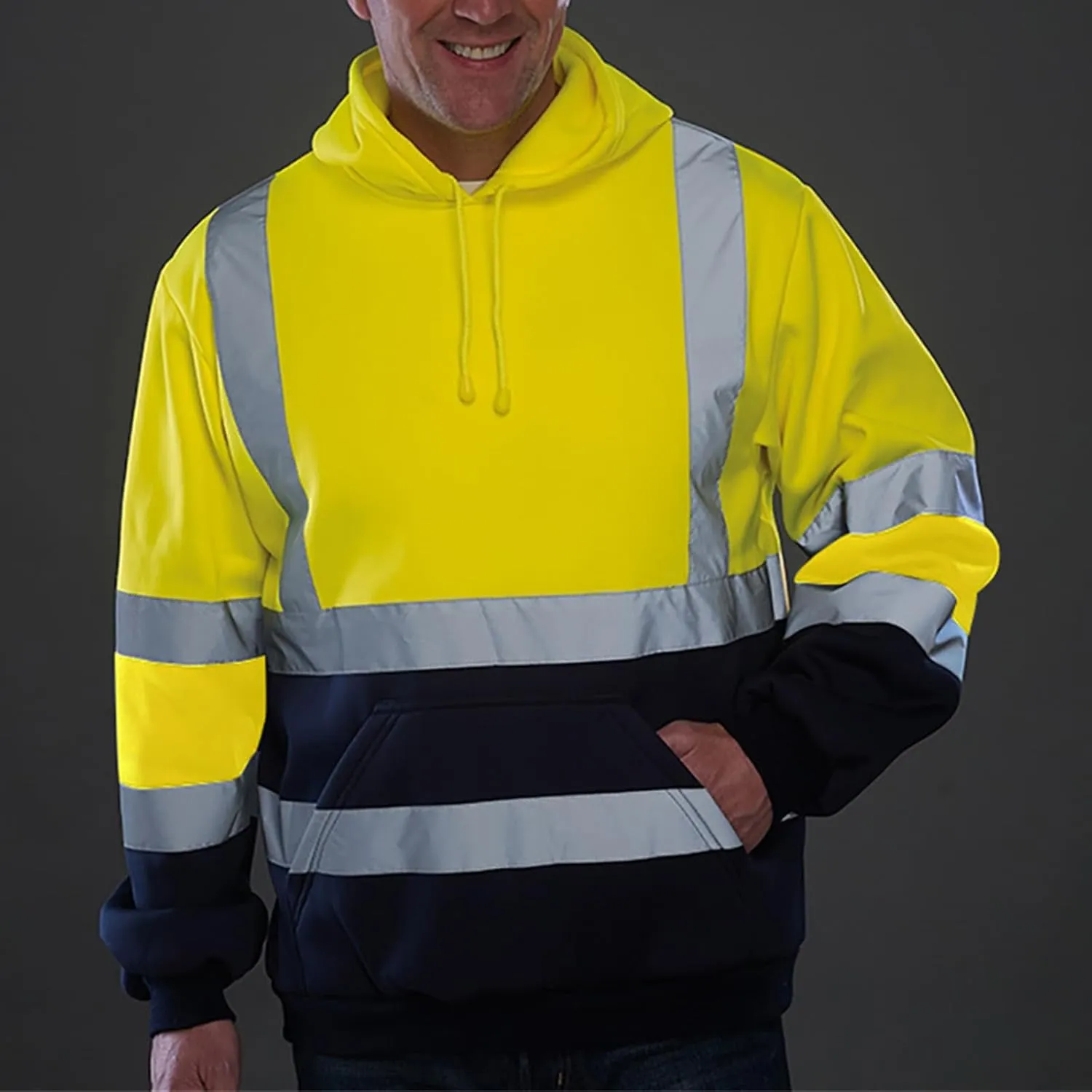 High Visibility Hoodies for Men Hi Vis Reflective Stripes Hooded Sweatshirts Fleece Lined Hoodies Outdoor Work Tops