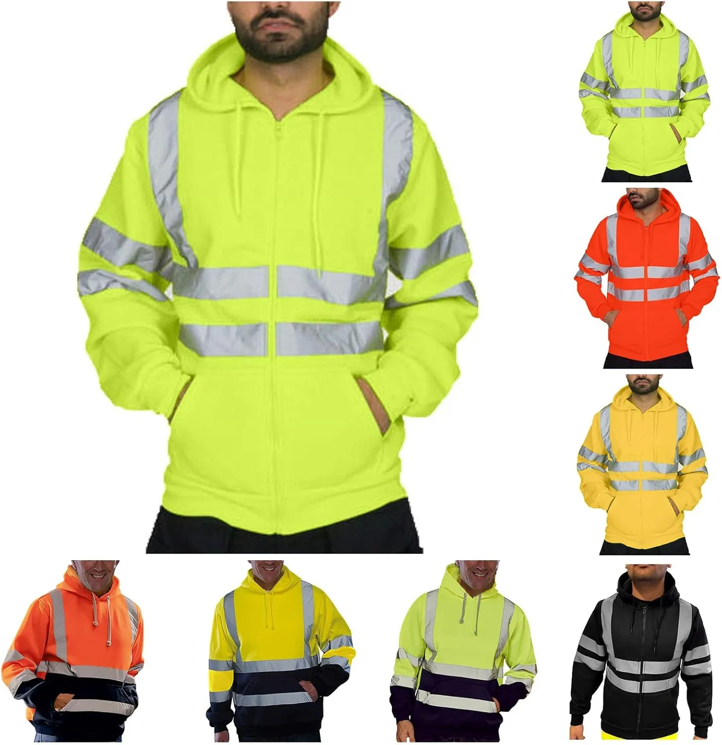 High Visibility Hoodies for Men Hi Vis Reflective Stripes Hooded Sweatshirts Fleece Lined Hoodies Outdoor Work Tops