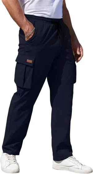 Hiking Cargo Pants for Men Elastic Waist Drawstring Running Pants Loose Fit Comfy Trousers with Multiple Pockets