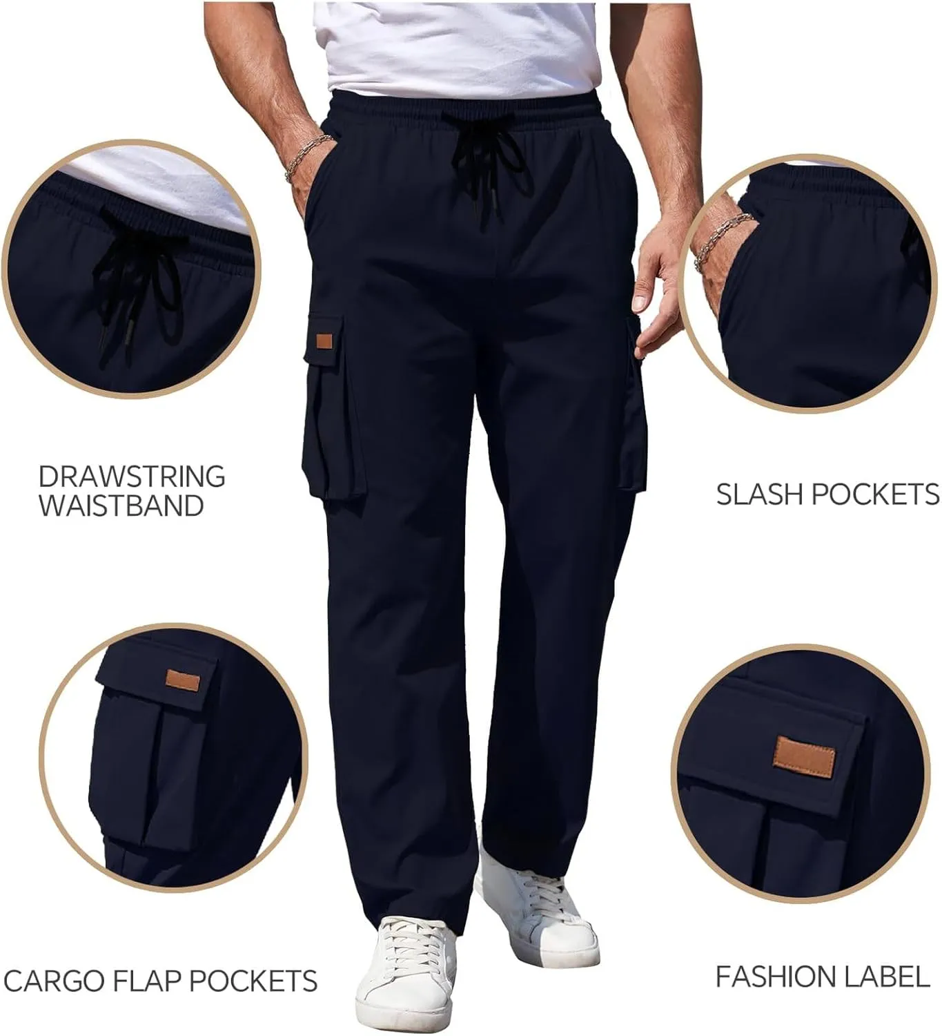 Hiking Cargo Pants for Men Elastic Waist Drawstring Running Pants Loose Fit Comfy Trousers with Multiple Pockets
