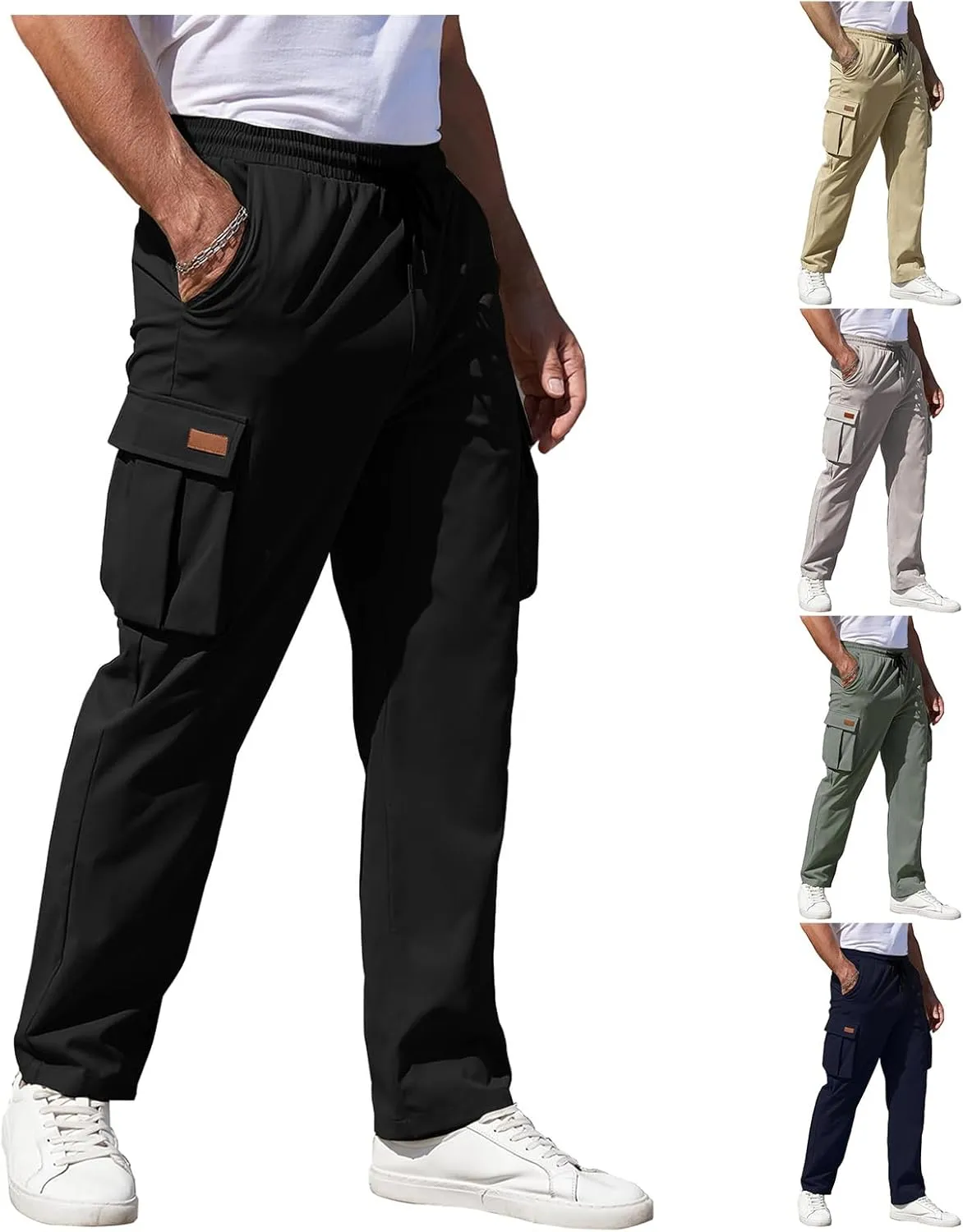 Hiking Cargo Pants for Men Elastic Waist Drawstring Running Pants Loose Fit Comfy Trousers with Multiple Pockets