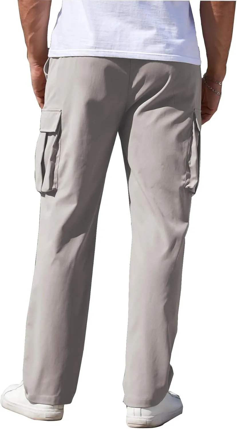 Hiking Cargo Pants for Men Elastic Waist Drawstring Running Pants Loose Fit Comfy Trousers with Multiple Pockets