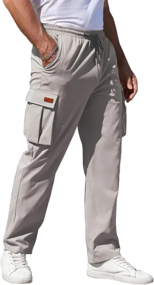 Hiking Cargo Pants for Men Elastic Waist Drawstring Running Pants Loose Fit Comfy Trousers with Multiple Pockets