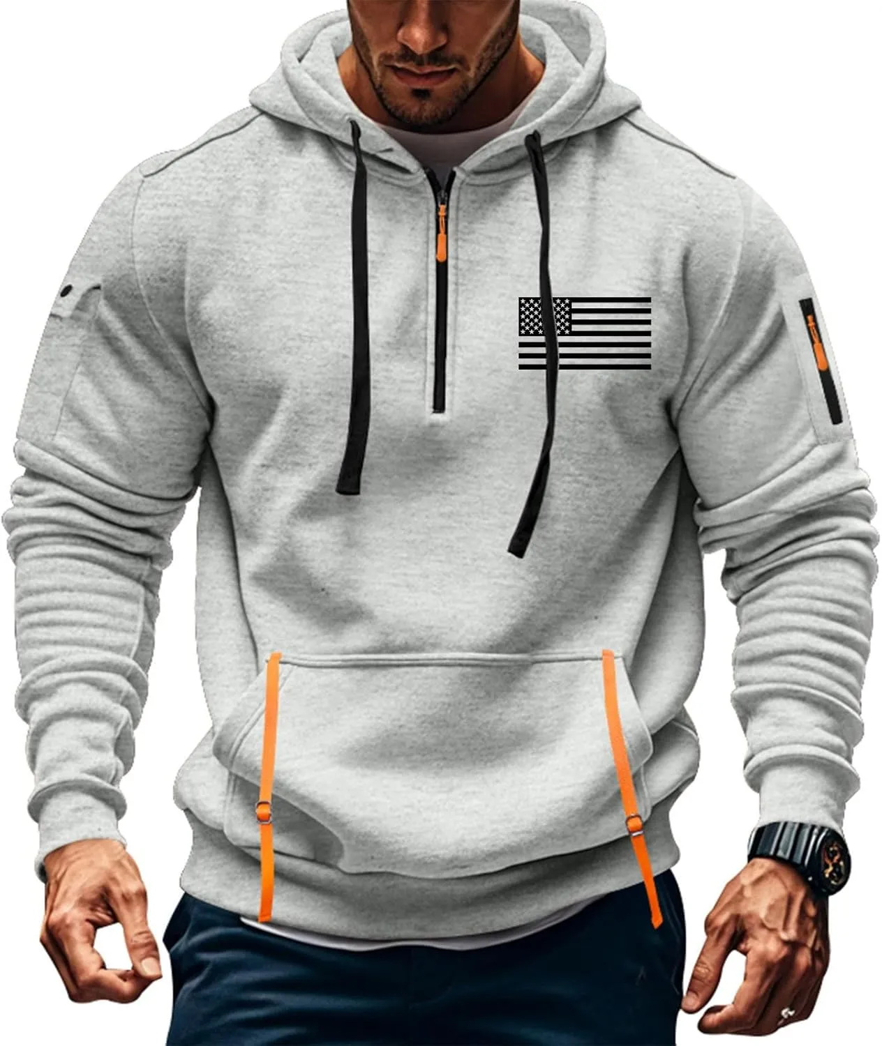 Hoodies for Men 1/4 Zip, Letters Prints and USA Flag Print, Drawstring, Arm Pocket, Kangaroo Pocket, Sweatshirts for Men
