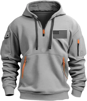 Hoodies for Men 1/4 Zip, Letters Prints and USA Flag Print, Drawstring, Arm Pocket, Kangaroo Pocket, Sweatshirts for Men