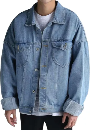 JEKE-DG Men's Classic Regular Fit Casual Jeans Jacket Comfort Trucker Denim Jacket Classic Lapel Button Jean Coat
