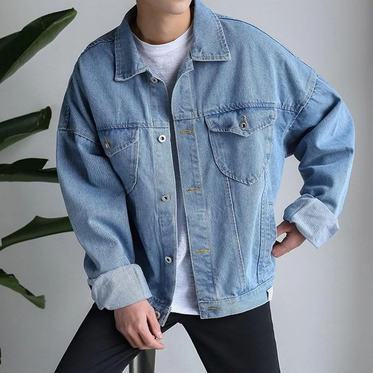 JEKE-DG Men's Classic Regular Fit Casual Jeans Jacket Comfort Trucker Denim Jacket Classic Lapel Button Jean Coat