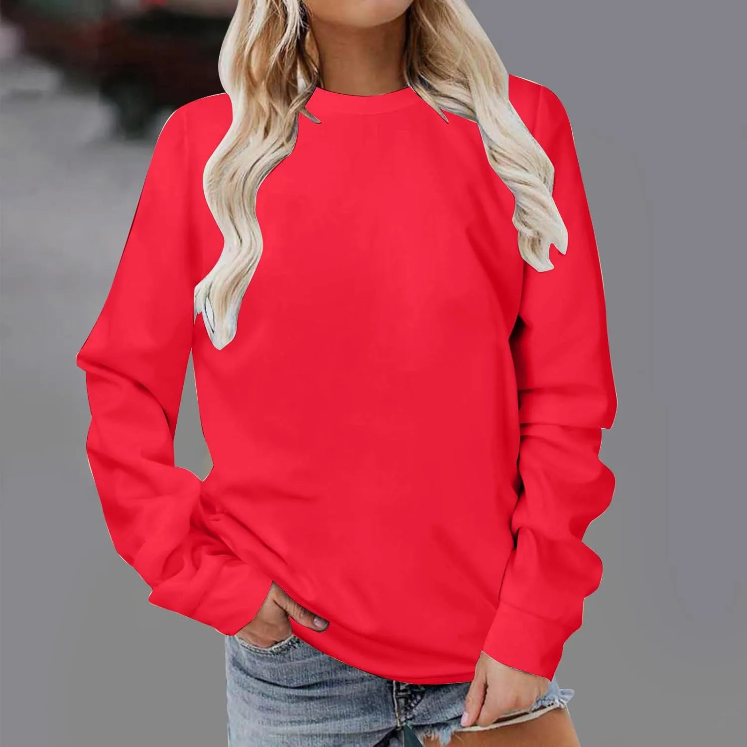 jovati 2024 Fall Fashion Versatile Clothes Womens Casual Crewneck Long Sleeve Shirts Basic Loose Comfy Work Pullover Tops