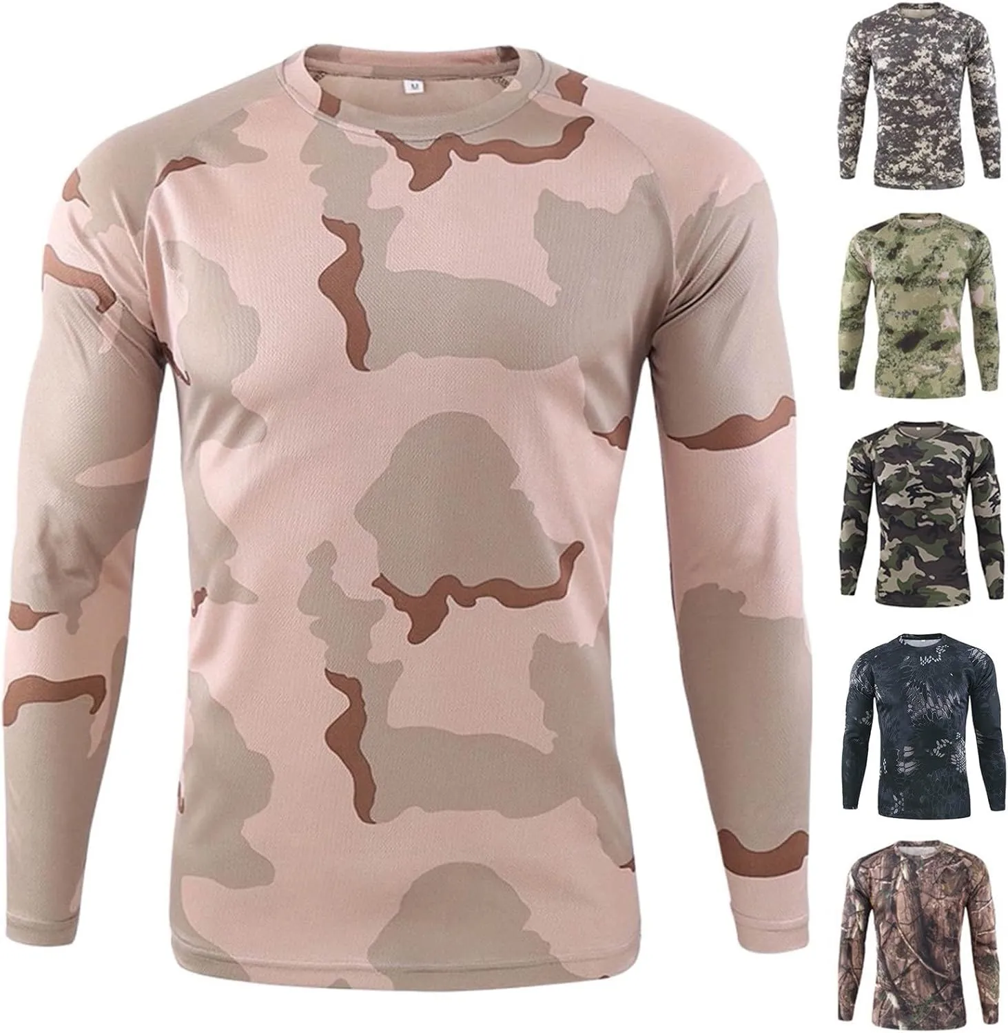 Long Sleeve Camo Hunting Shirts for Men Vintage Military Athletic Compression Shirt Workout Running Hiking Training Tee Tops