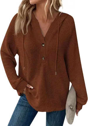 Long Sleeve Shirts for Women Waffle Knit Tunic Sweater Tops Casual Button Down Blouses Top Soft Hooded Sweatshirts