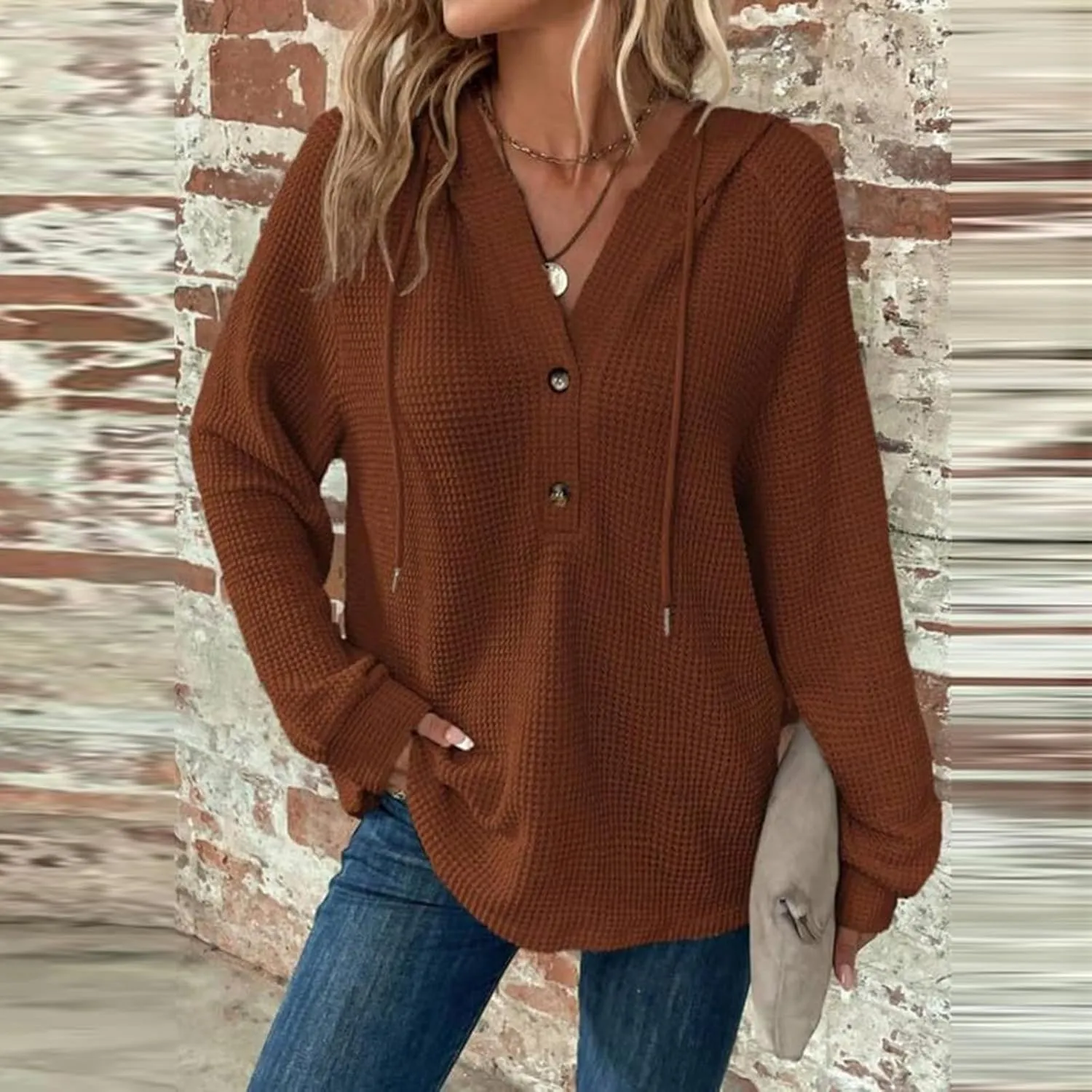 Long Sleeve Shirts for Women Waffle Knit Tunic Sweater Tops Casual Button Down Blouses Top Soft Hooded Sweatshirts
