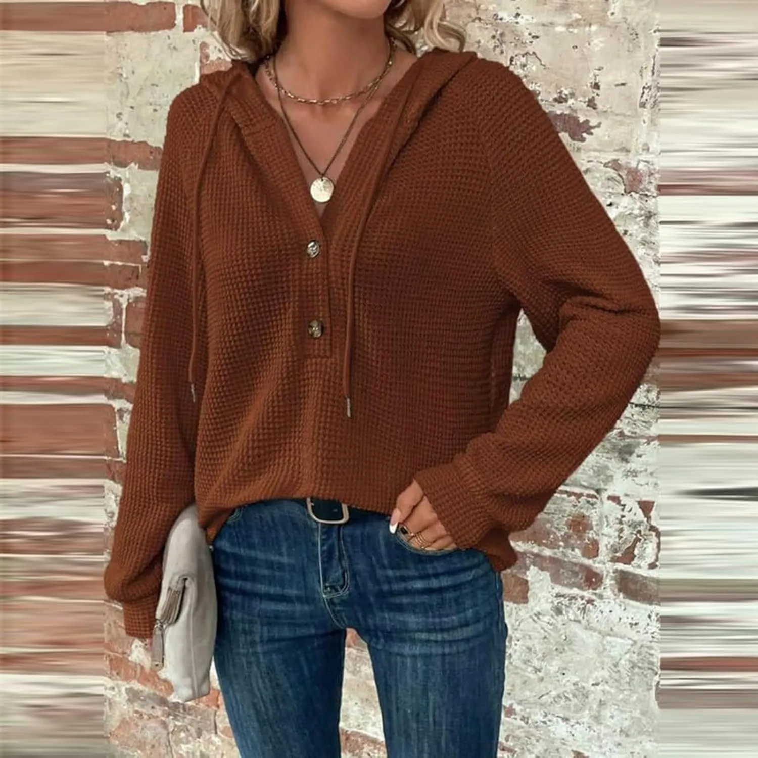 Long Sleeve Shirts for Women Waffle Knit Tunic Sweater Tops Casual Button Down Blouses Top Soft Hooded Sweatshirts