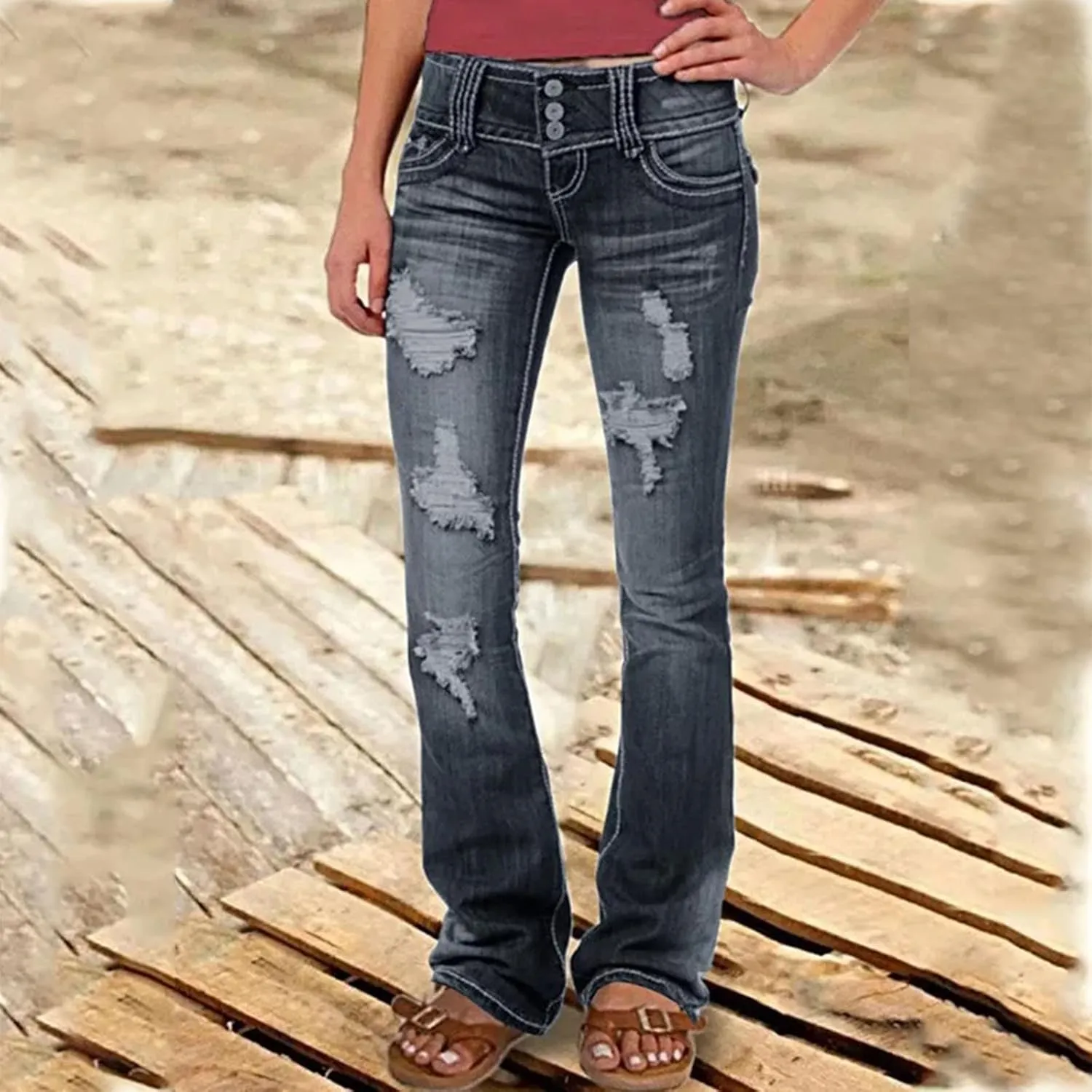 Low Rise Jeans for Woman Stretchy Ripped Distressed Flare Denim Pants Straight Leg Fashionable Boyfriend Denim Jeans