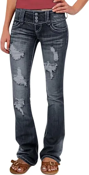 Low Rise Jeans for Woman Stretchy Ripped Distressed Flare Denim Pants Straight Leg Fashionable Boyfriend Denim Jeans