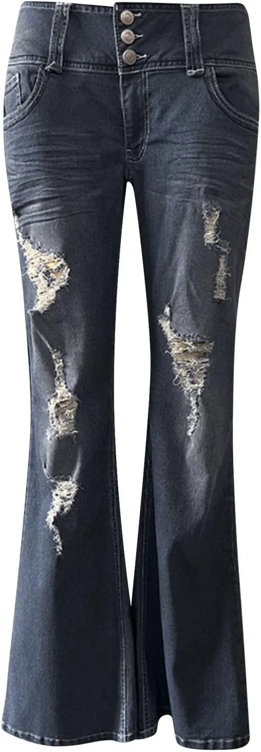 Low Rise Jeans for Woman Stretchy Ripped Distressed Flare Denim Pants Straight Leg Fashionable Boyfriend Denim Jeans