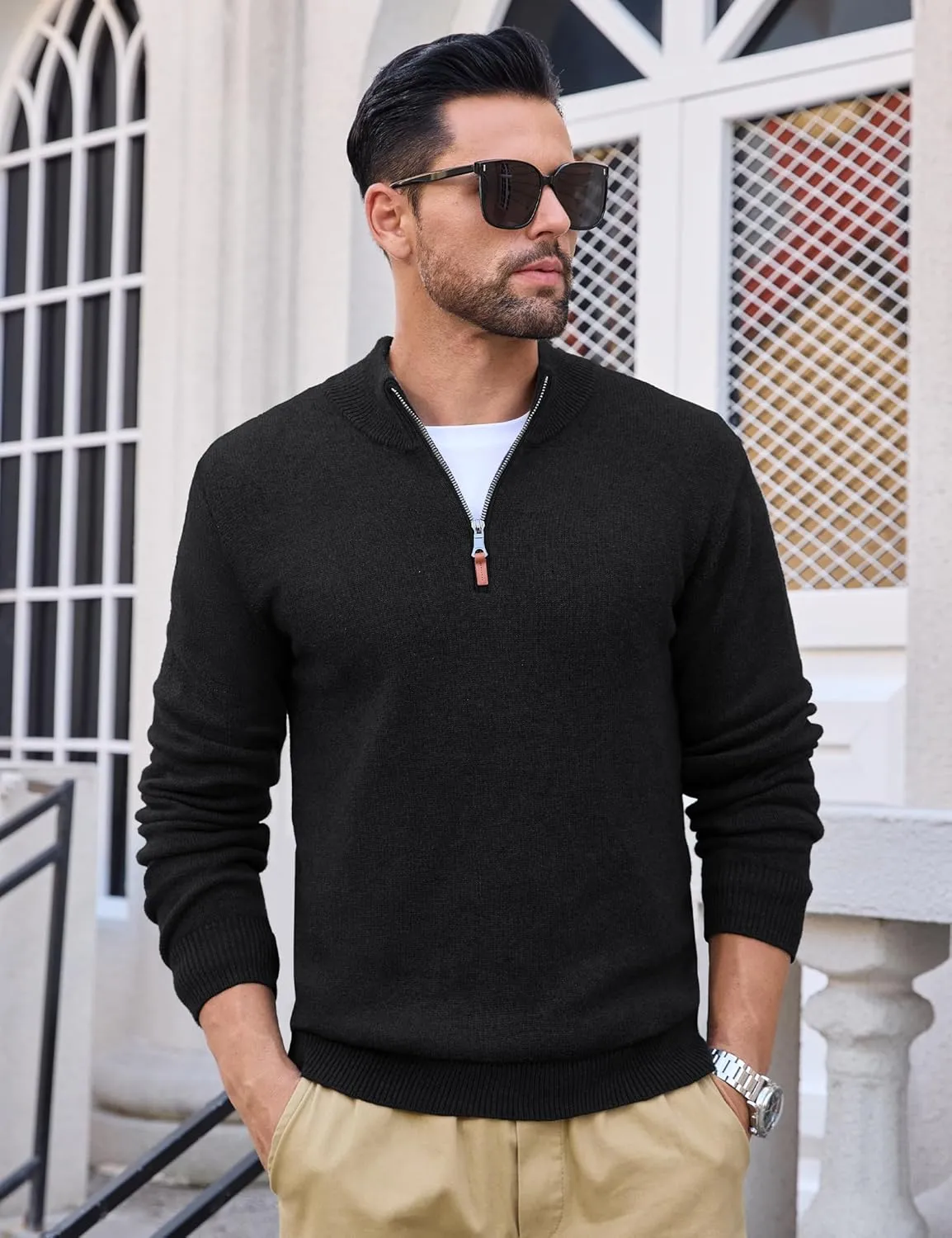 MAGCOMSEN Men's Quarter Zip Pullover Sweaters Casual Knit Polo Sweaters Fall Winter Sweatshirts