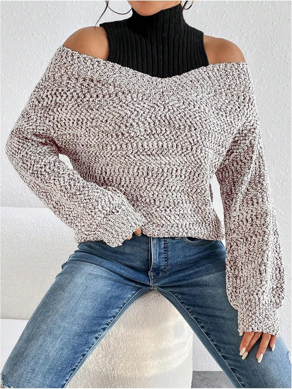 MakeMeChic Women's Fall Fashion 2024 Cold Shoulder Sweaters Long Sleeve Knitted Oversized Turtleneck Sweaters