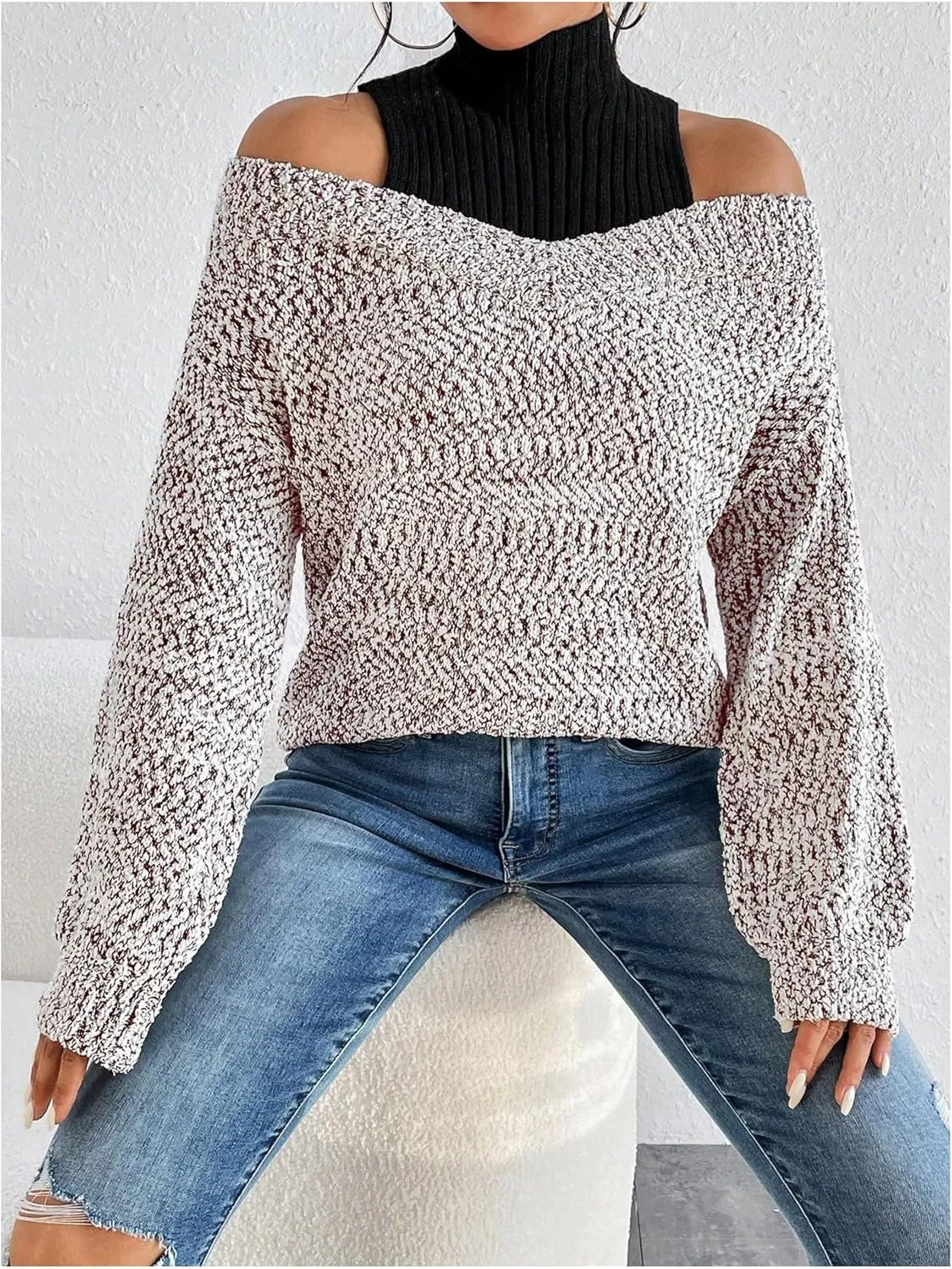 MakeMeChic Women's Fall Fashion 2024 Cold Shoulder Sweaters Long Sleeve Knitted Oversized Turtleneck Sweaters