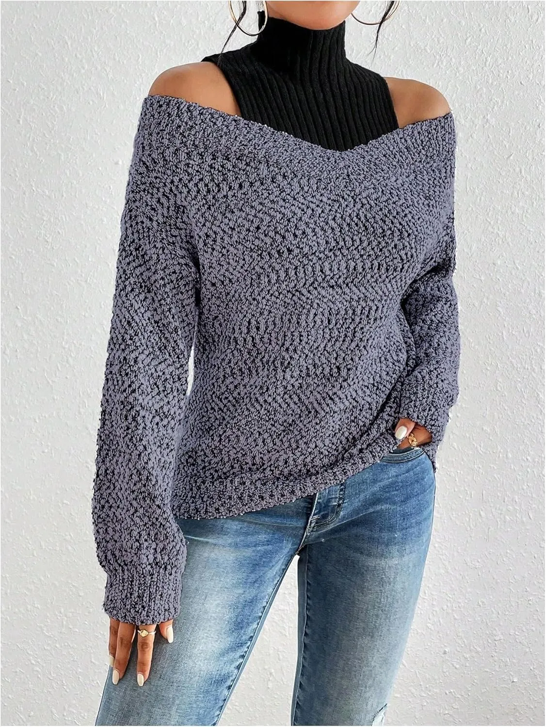 MakeMeChic Women's Fall Fashion 2024 Cold Shoulder Sweaters Long Sleeve Knitted Oversized Turtleneck Sweaters