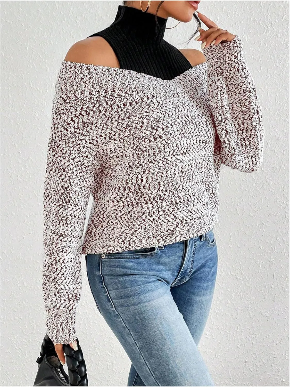 MakeMeChic Women's Fall Fashion 2024 Cold Shoulder Sweaters Long Sleeve Knitted Oversized Turtleneck Sweaters