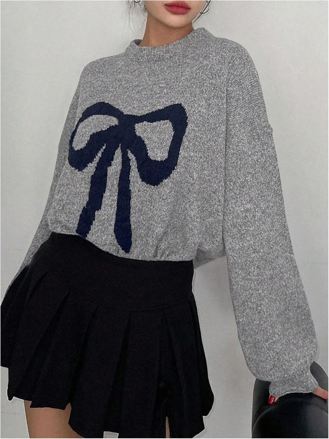 MakeMeChic Women's Y2K Bow Knot Sweaters Long Sleeve Mock Neck Pullover Sweaters Knit Top