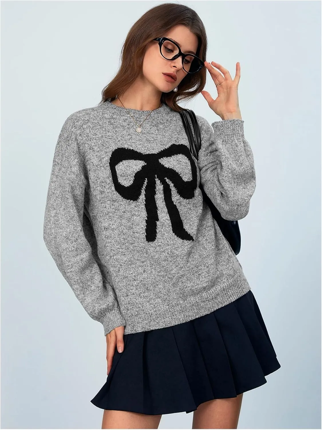MakeMeChic Women's Y2K Bow Knot Sweaters Long Sleeve Mock Neck Pullover Sweaters Knit Top