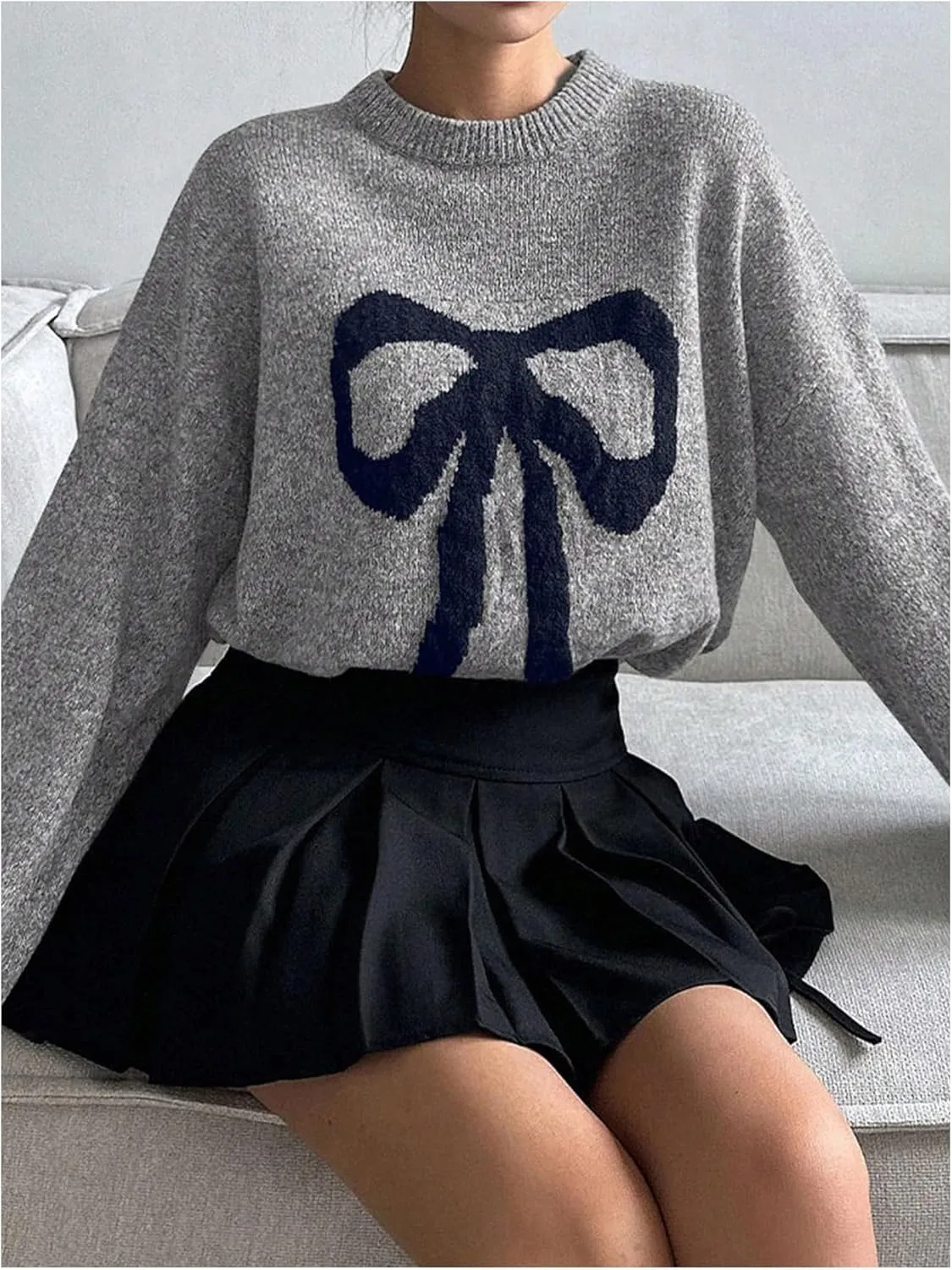 MakeMeChic Women's Y2K Bow Knot Sweaters Long Sleeve Mock Neck Pullover Sweaters Knit Top
