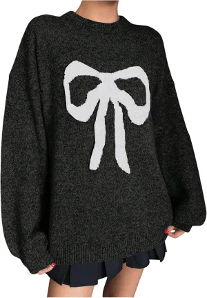 MakeMeChic Women's Y2K Bow Knot Sweaters Long Sleeve Mock Neck Pullover Sweaters Knit Top