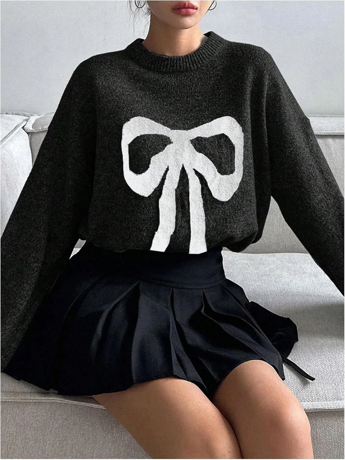 MakeMeChic Women's Y2K Bow Knot Sweaters Long Sleeve Mock Neck Pullover Sweaters Knit Top