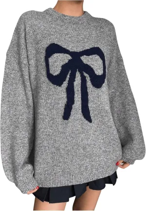 MakeMeChic Women's Y2K Bow Knot Sweaters Long Sleeve Mock Neck Pullover Sweaters Knit Top
