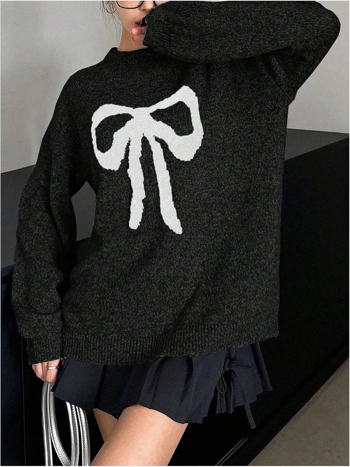 MakeMeChic Women's Y2K Bow Knot Sweaters Long Sleeve Mock Neck Pullover Sweaters Knit Top