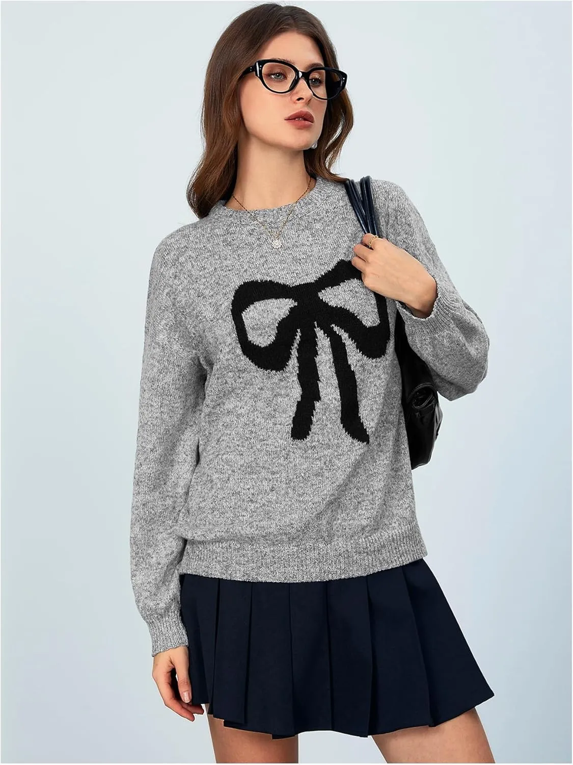 MakeMeChic Women's Y2K Bow Knot Sweaters Long Sleeve Mock Neck Pullover Sweaters Knit Top