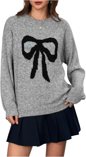 MakeMeChic Women's Y2K Bow Knot Sweaters Long Sleeve Mock Neck Pullover Sweaters Knit Top